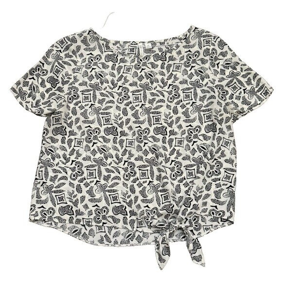 Cato Tie Front Black Ivory Tribal Short Sleeve Flowy Blouse Lightweight Sz M - Picture 1 of 8